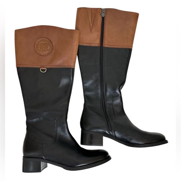 Etienne Aigner Chastity Leather Riding Boots Black Brown Size 7.5 - Picture 1 of 14